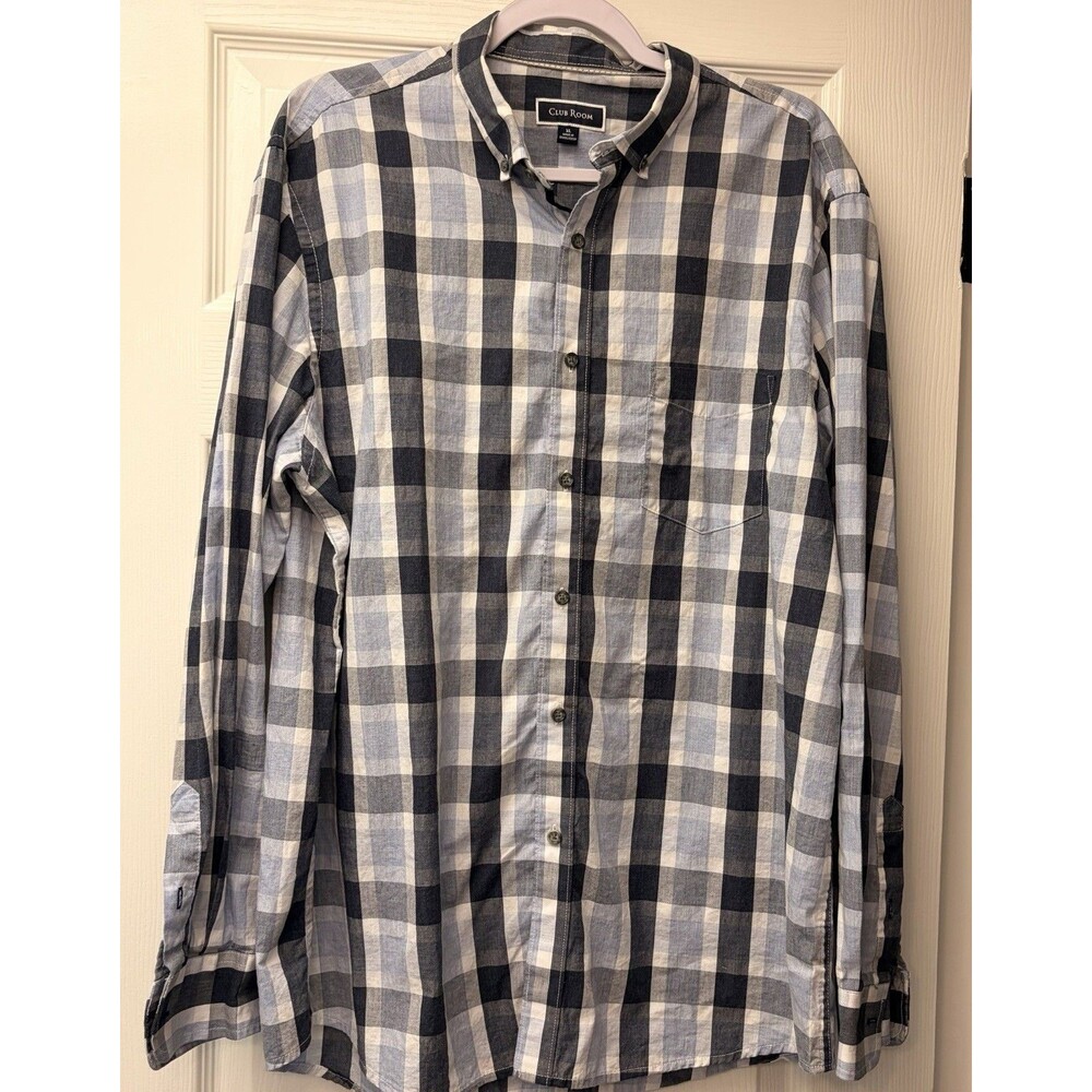Club Room Button Down Shirt Mens XL Navy Blue Excellent Buffalo Check 100% Cttn